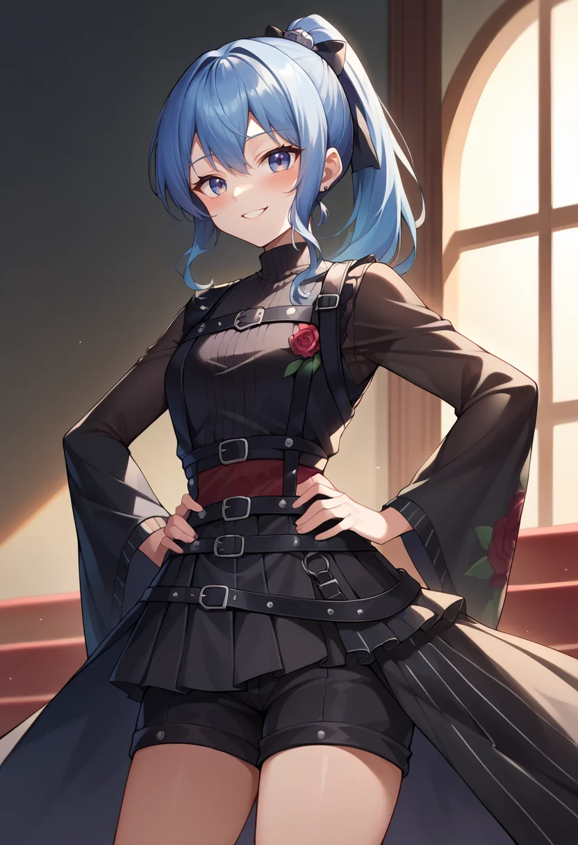 score_9, score_8_up, score_7_up,  SuiseiCrisis, ponytail, turtleneck, black shirt, rose print, mismatched sleeves, chest harness, black shorts, overskirt, waist cape, on stage, spotlights, hands on hips, smile, :d, blush, <lora:CHAR-HoshimachiSuiseiPonyXL:1>