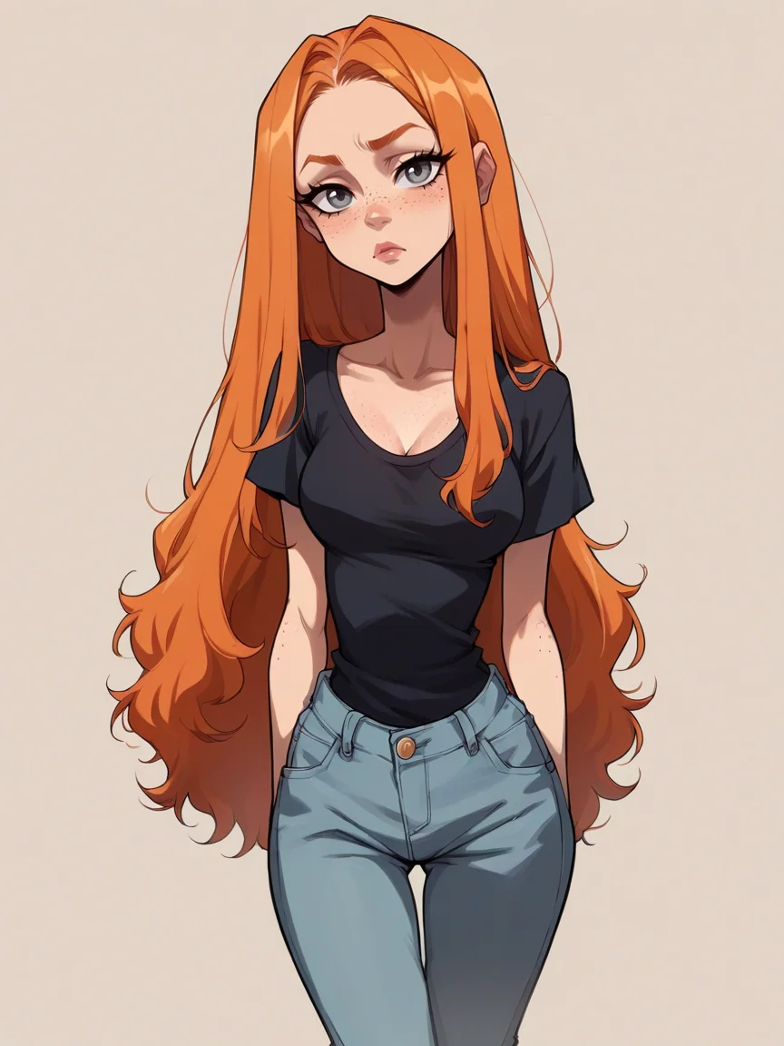 score_9, score_8_up, score_7_up, score_6_up, <lora:b00nd0cksXLP:1> b00nd0cks, 1girl, curvy, ginger hair, grey eyes, freckles, long hair