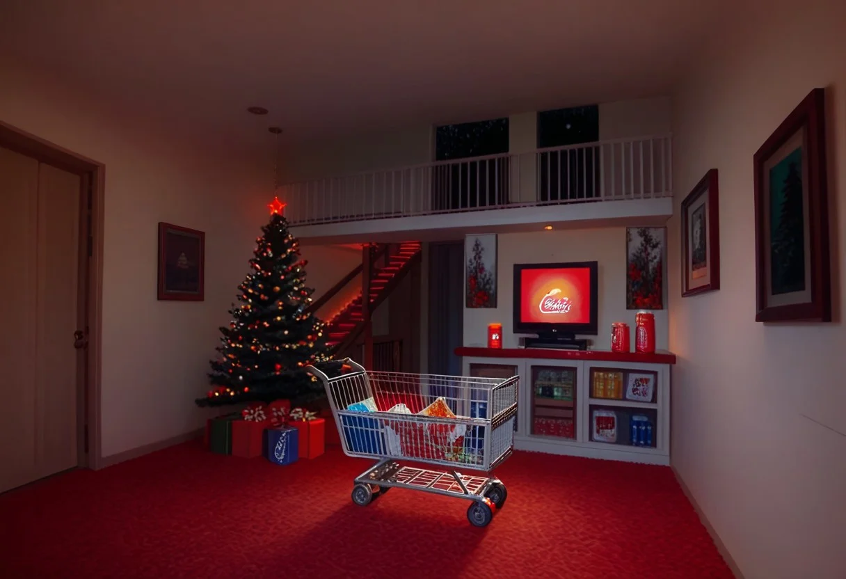 a room with a hole in the middle of it, a painting of a house with a red light on, ocean, a shopping cart is sitting outside of a house, real world location, a stairway way with a lit up exit sign, duckling, coca-cola, a room with a bed and a television in it, train station, a room with a lot of lights and a christmas tree