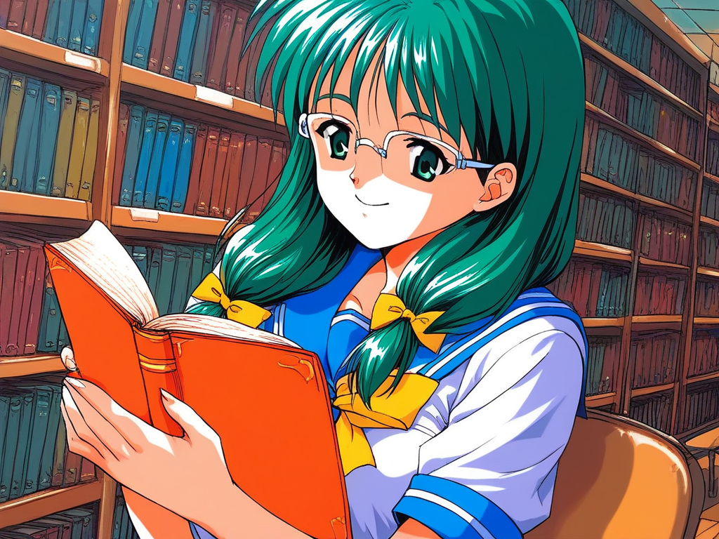 score_9, score_8_up, score_7_up, source_anime, rating_explicit, BREAK  <lora:Kisaragi_Mio_XL:1> Kisaragi_Mio, long hair,  green hair,  glasses,  green eyes, hair over shoulder, low-tied long hair,  medium breasts, 1990s \(style\),  solo,
 school uniform, book, smile, bow, serafuku, sailor collar, yellow bow, reading,
library,