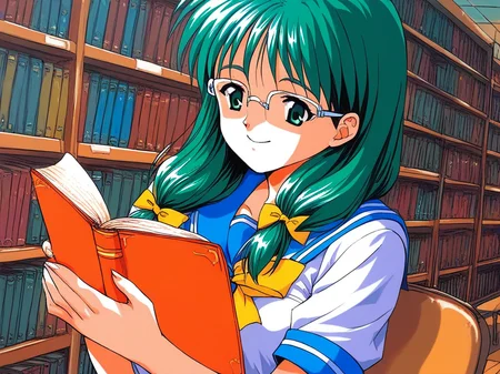 score_9, score_8_up, score_7_up, source_anime, rating_explicit, BREAK  <lora:Kisaragi_Mio_XL:1> Kisaragi_Mio, long hair,  green hair,  glasses,  green eyes, hair over shoulder, low-tied long hair,  medium breasts, 1990s \(style\),  solo,
 school uniform, book, smile, bow, serafuku, sailor collar, yellow bow, reading,
library,