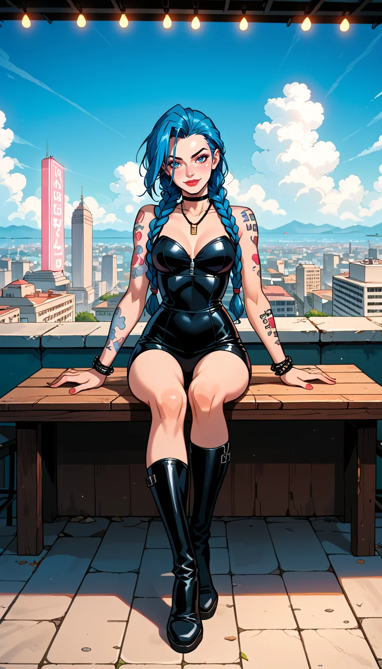 score_9, score_8_up, score_7_up, Western Comics, Full Body Shot, Jinx, cute, seductive, innocent, light smile:0.3, plump lips, slender body, cloud tattoos on arm, sitting at the table, outdoor, intense blue long hair, bokeh, neon light passing through hair, award winning fashion photography, city background, depth of field, dynamic angle, fashion photography, sharp, hyperdetailed:1.15