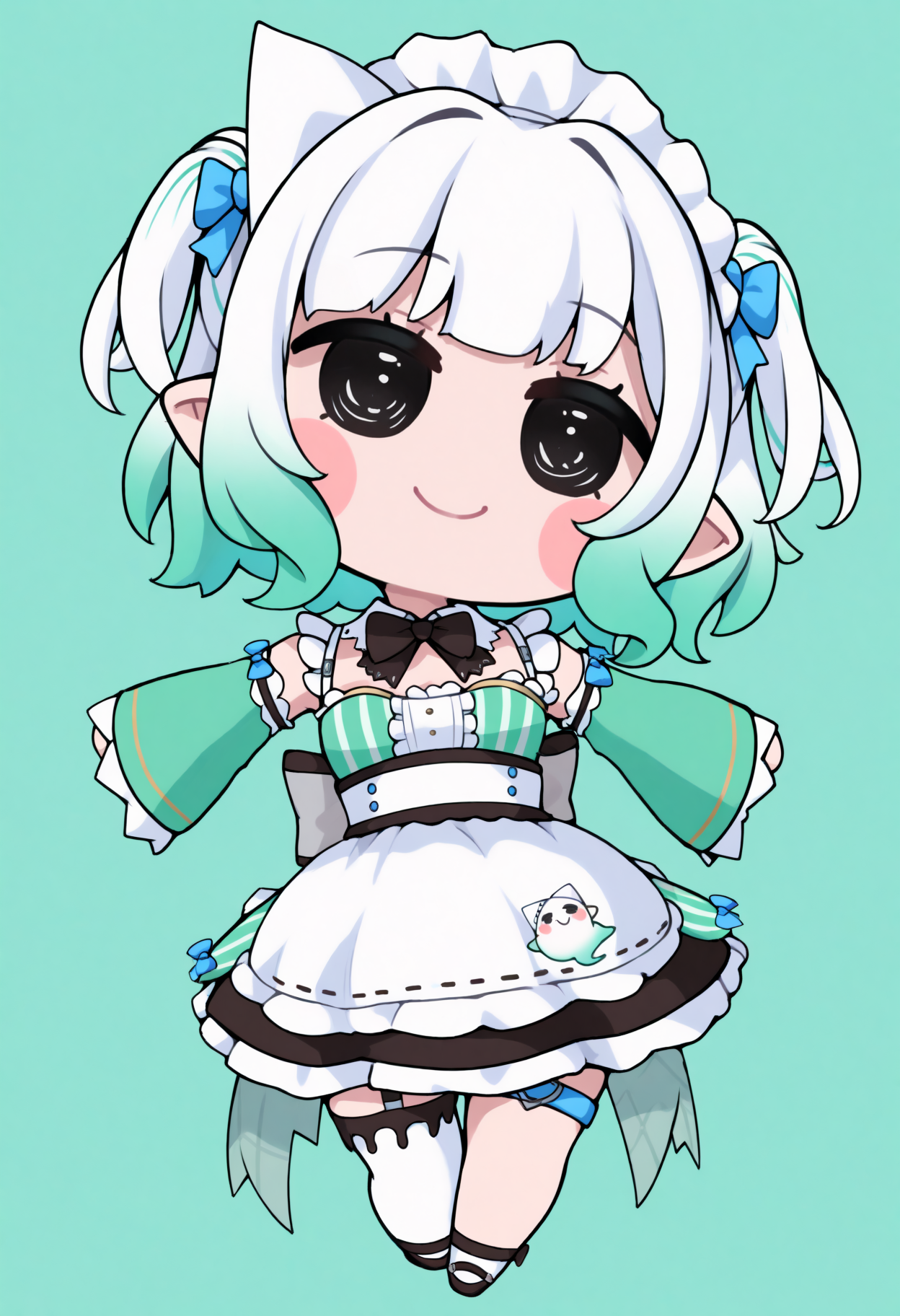 masterpiece, best quality, 1girl, solo, M1ntDef, blue eyes, multicolored hair, white hair, green hair, short hair, two side up, yellow tress ribbon, blue bow, hair bow, triangular headpiece, maid headdress, pointy ears, detached collar, black bowtie, green dress, detached sleeves, center frills, striped dress, black skirt, white waist apron, back bow, blue thigh strap, garter strap, single thighhigh, white thighhigh, chibi, full body, blush stickers, black eyes, simple background, smile, head tilt, spread arms, <lora:style_beegsmol_noobAIXL11EPS-GLoRA:1>, <lora:ChamMintFantomeNoob:1>