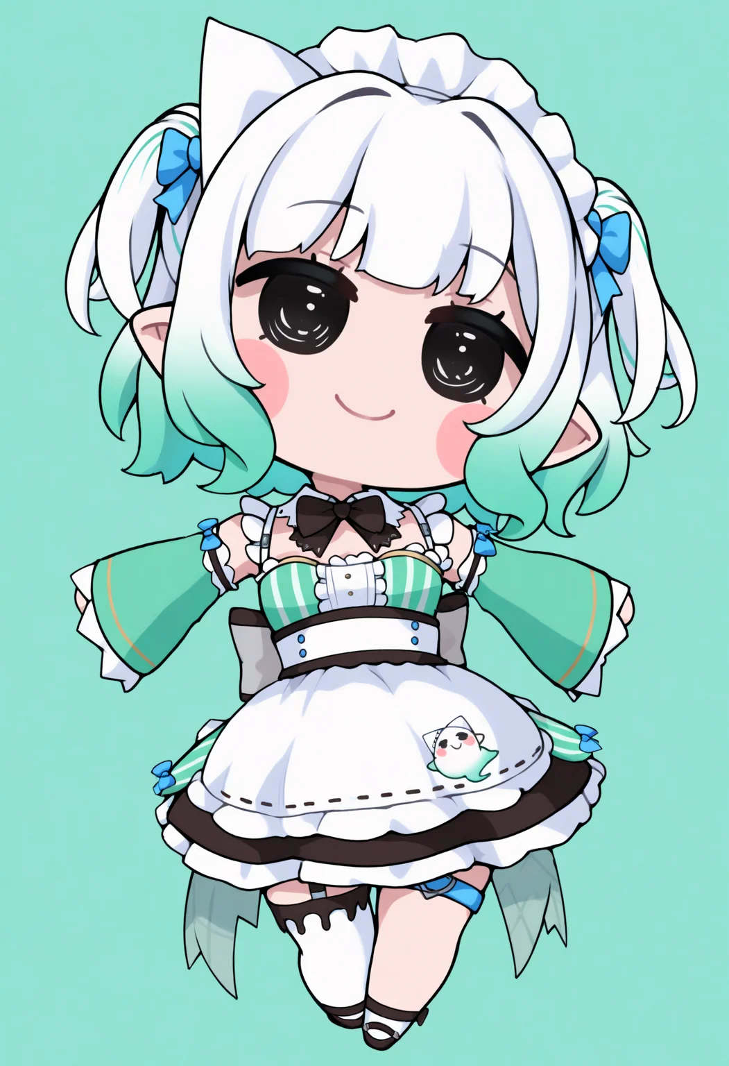masterpiece, best quality, 1girl, solo, M1ntDef, blue eyes, multicolored hair, white hair, green hair, short hair, two side up, yellow tress ribbon, blue bow, hair bow, triangular headpiece, maid headdress, pointy ears, detached collar, black bowtie, green dress, detached sleeves, center frills, striped dress, black skirt, white waist apron, back bow, blue thigh strap, garter strap, single thighhigh, white thighhigh, chibi, full body, blush stickers, black eyes, simple background, smile, head tilt, spread arms, <lora:style_beegsmol_noobAIXL11EPS-GLoRA:1>, <lora:ChamMintFantomeNoob:1>