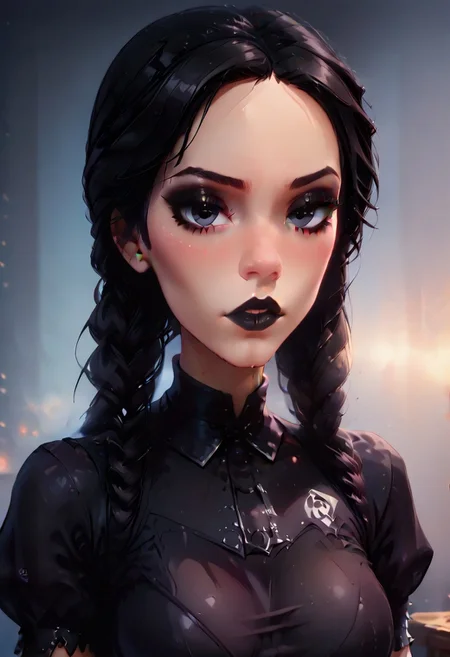 score_9, score_8_up, score_8, score_7_up, score_7, rate_safe,
(best quality:1.1), (masterpiece:1.2), (realistic:1.2), (detailed:1.1), (highres, best quality:1.2),
1girl, Wednesday (Wednesday addams(/The addams family)/,(ultra HD quality details), hair in two ponytails, black hair, raven black eyes, beautiful face, pale skin,
beautiful face,
gothic, black lips, emo, black nails,
collared dress, black dress, covered shoulders, covered chest, covered neck, puffy sleeves, white collar, white cuffs, modest clothes,
Slim girl, large breasts, skinny, tiny, petite, small arms, (20 years old)),
background (dungeon), Dark atmosphere,
upper body, pov