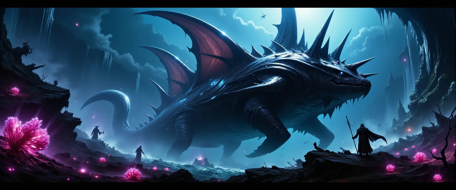heroic scifi style, the fearsome quorbeling "adamantine whistlefurbler", a majestic creature with huge fins on a flat and wide body, can be found on the oceanic embordygored world "bubblymoor x" with its garbonified thorgls and teeming reefs, (covered in disgustingly beautiful bioluminescent glowing snufflepuff:1.3), these enigmatic whippletorbig creatures (emit pulsing fuchsia light:1.1) to hypnotize nearby marine life, extremely detailed and intricate background, <lora:style-dark_fantasy-flux-by_gtsuya_studio:0.68> <lora:style-fantastic_landscapes-flux-by_artifyai:0.44> <lora:image_enhancer-flux-by_dever:0.6> <lora:faetastic_details-flux-by_faeia:0.6>