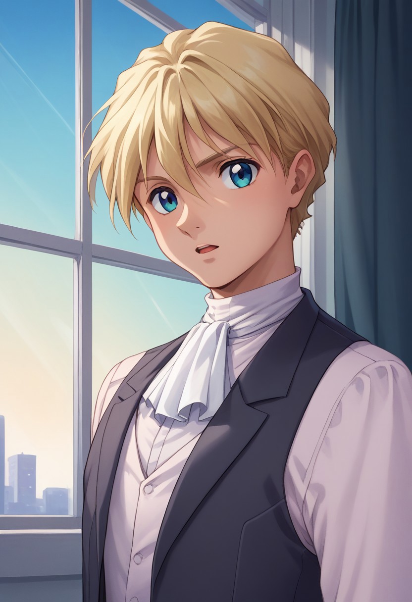 score_9, score_8_up, score_7_up, source_anime, highly detailed, 
raberba, solo, 1boy, male focus, blonde hair, ascot, window, formal, suit, open mouth,
vest, blue eyes, looking at viewer, white ascot, upper body
outside, sky,