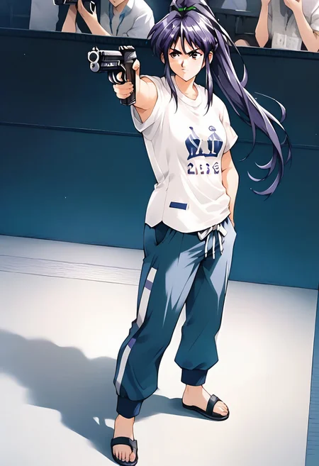 score_9, score_8_up, score_7_up, best quality, intricate details, source_anime, BREAK 1girl, solo, takabe,  white shirt, tucked in, dark blue track pants, black sandals, standing,  holding weapon, holding gun, handgun, hand in pocket, aiming, <lora:YusufDikecGunPose_pdxl_Incrs_v1:1>, detail face