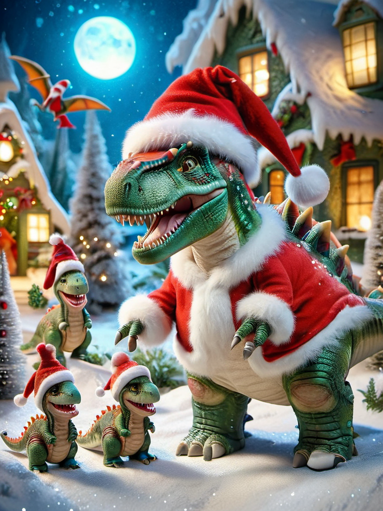 ral-santa, dinosaur santa, a dinosaur in a santa hat and a group of dinosaurs, playful and whimsical <lora:ral-santa-sdxl:1>