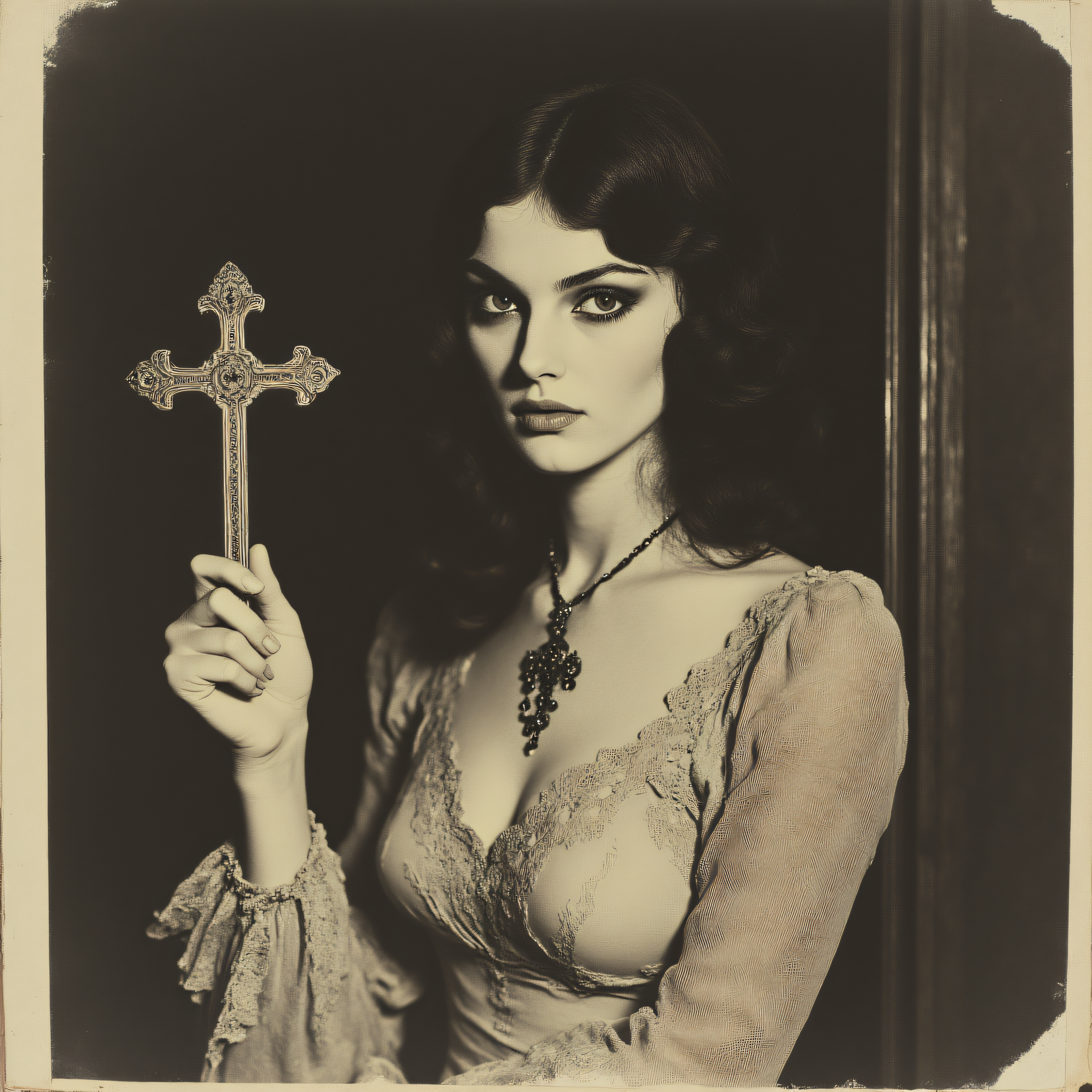 ArsMovieStill, movie still from a 1970s horror movie, The image is a black and white portrait of a young woman holding a cross in her hand. She is wearing a long-sleeved dress with a lace overlay and a necklace with a cross pendant. Her hair is styled in loose waves and falls over her shoulders. She has a serious expression on her face and is looking directly at the camera. The background is blurred making the woman the focal point of the image. The image appears to be a vintage or old-fashioned photograph., 1girl, cross, solo, monochrome, jewelry, necklace, looking at viewer, holding, cross necklace, realistic