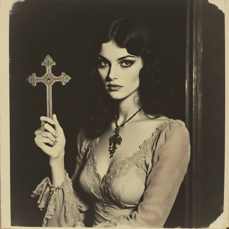 ArsMovieStill, movie still from a 1970s horror movie, The image is a black and white portrait of a young woman holding a cross in her hand. She is wearing a long-sleeved dress with a lace overlay and a necklace with a cross pendant. Her hair is styled in loose waves and falls over her shoulders. She has a serious expression on her face and is looking directly at the camera. The background is blurred making the woman the focal point of the image. The image appears to be a vintage or old-fashioned photograph., 1girl, cross, solo, monochrome, jewelry, necklace, looking at viewer, holding, cross necklace, realistic