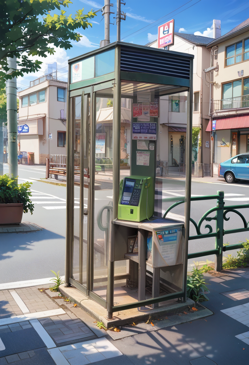 score_9, score_8_up, score_7_up, rating_safe, masterpiece, best quality, absurdres, unity 8k wallpaper, official art, official style, source_anime, uncensored, game cg, megami magazine,
payphone, telephone box, scenery, building, utility pole, street, road, lamppost, power lines, window, sign, road sign, tree, sky, cityscape, city, fence, house, day, outdoors, 
 <lora:DenwaBoxJP_PONY_V1:1>