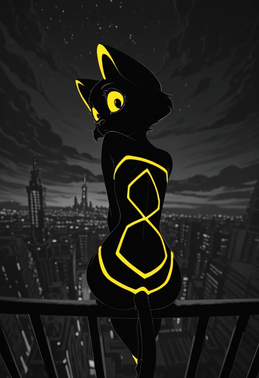 DISNEY_ANIMATION, Smooth Quality, science fiction, dystopian, 1girl, monochrome, greyscale, yellow eyes, big eyes, yellow neon trim, looking back, solo, sitting on railing, outdoors, sky, cloud, from behind, window, night, animal ears, cat ears, cat tail, cloudy sky, scenery, starry sky, sunset, city, facing away, monumental architecture, city, cityscape, scenery, building, skyscraper, tower, rooftop, city lights, dynamic angle,
