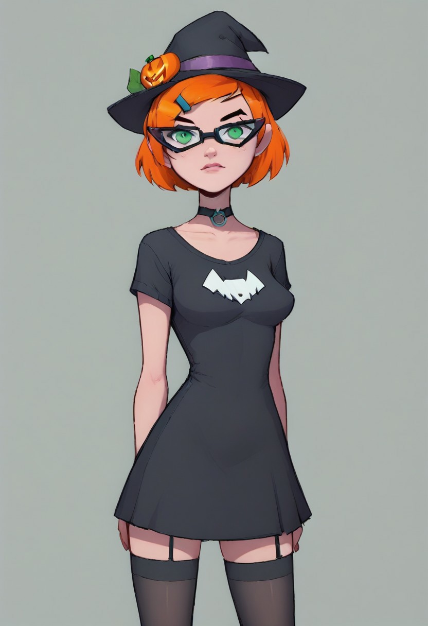score_9, score_8_up, 1girl, solo, 
Gwen omniverse, 1girl, solo, short hair, hair ornament hairclip, orange hair, green eyes, glasses,
reij-bewitched, black dress, black choker, black platform shoes, black stockings, black hat, pumpkin hatdetail