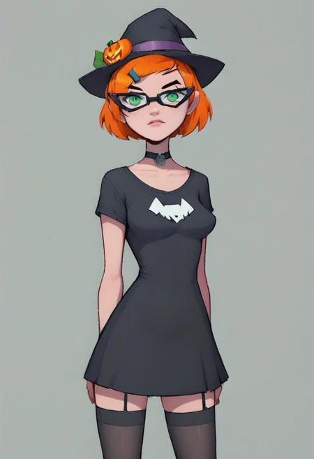 score_9, score_8_up, 1girl, solo,
Gwen omniverse, 1girl, solo, short hair, hair ornament hairclip, orange hair, green eyes, glasses,
reij-bewitched, black dress, black choker, black platform shoes, black stockings, black hat, pumpkin hatdetail