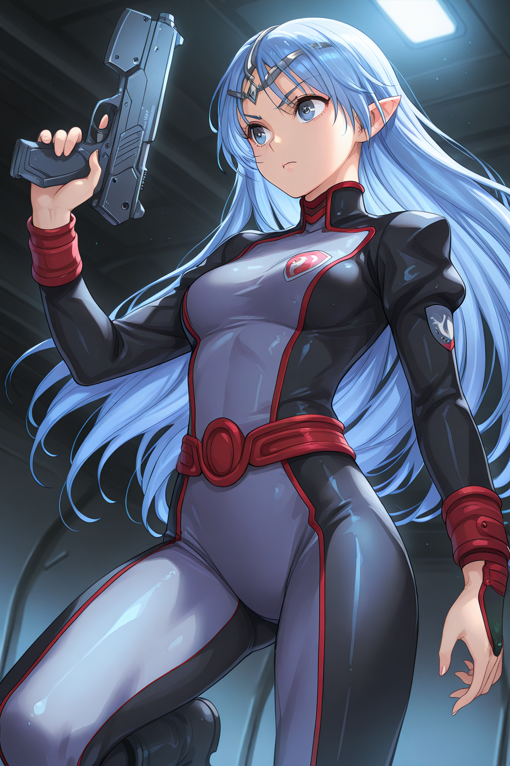 1girl, ALHairstyle, ALOutfit,
general, solo, perspective, dynamic angle, half body,
blue hair, blue eyes, eyelashes, pointy ears,
shiny skin,
circlet, high collar, bodysuit, glove, emblem, red belt, boots,
serious,
science fiction, holding gun, energy gun,
depth of field,
<lora:kp_LafielSeikaiIllustrious_v1_0:1.0>
masterpiece, best quality, amazing quality