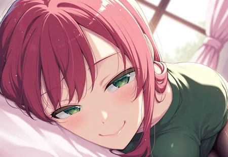 safe_pos, (fine fabric emphasis:1.2), (((masterpiece, amazing quality, best quality, ultra-detailed, 8K, illustration, amazing quality, newest, absurdres))), highres, very aesthetic, absurd res, hi res, very awa, dynamic angle, refined, volumetric lighting, blurry background, close up vivid colors, hyper detailed, (dynamic pose:1.4), depth of field, Akino_Sora,
1girl, solo, kawaii face, skinny, round face, perfect cute face, medium breasts, narrow waist, wide hips, curvy, facing viewer, closeup of face, seductive look, redhead, green eyes, long hair, green shirt, cowboy shot, lying, on bed, on side, girly bedroom, window, pink curtains,
lying on stomach, from above, (face focus, close-up:1.5), blush, dutch angle, smug,
