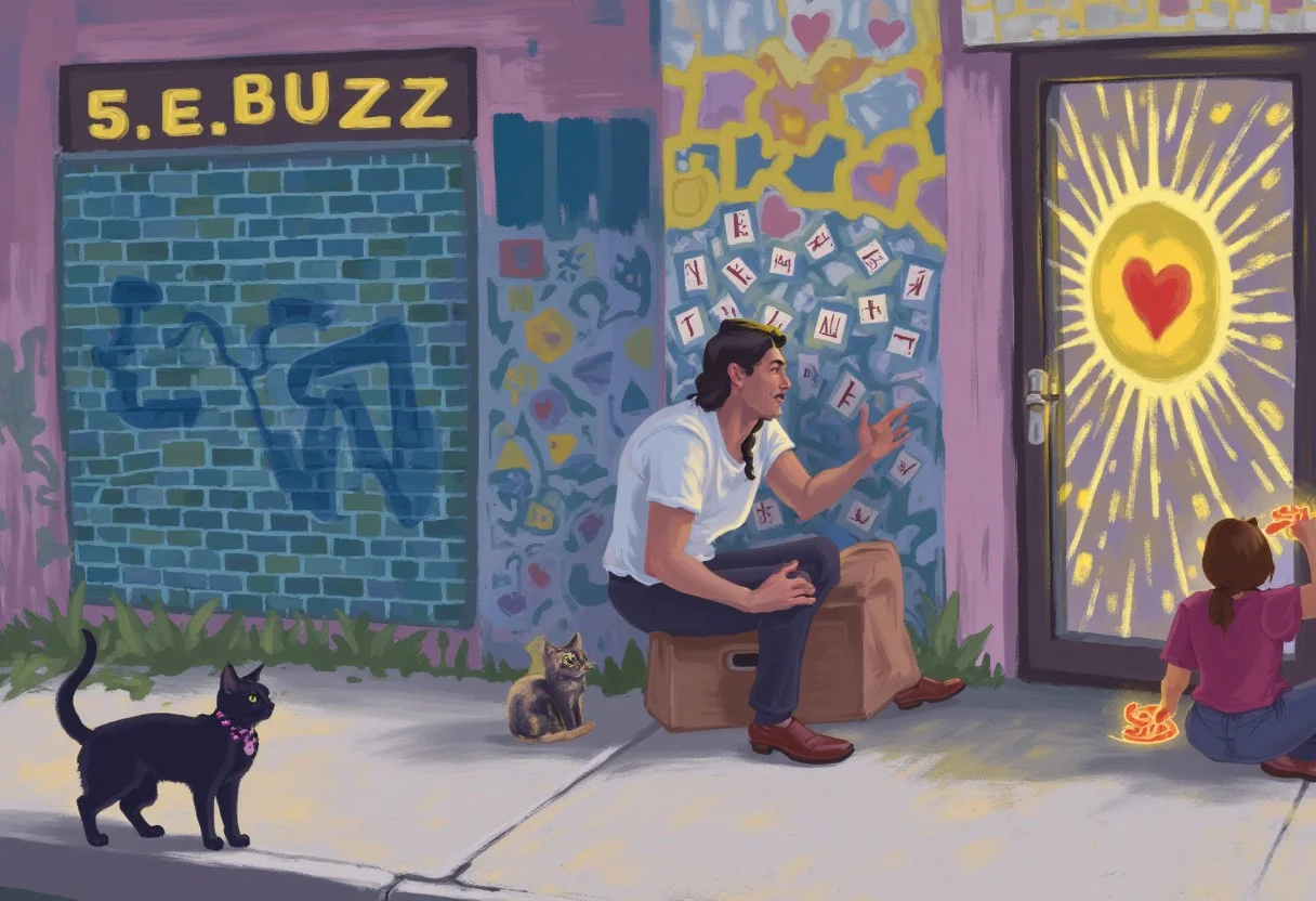 score_9, score_8_up, score_7_up, score_6_up, score_5_up, score_4_up, cat , graffiti saying "BUZZ"