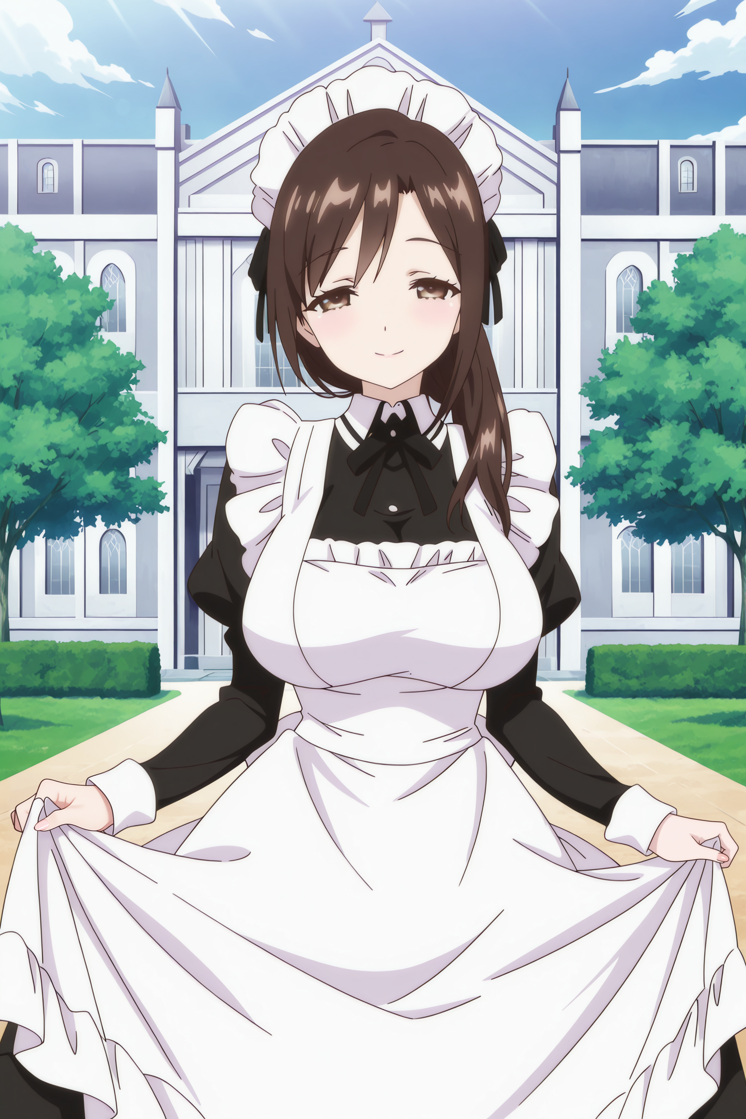 anime screencap, anime coloring, detailed face, masterpiece, best quality, very aesthetic, absurdres, volumetric lighting, official style, amazing quality, ultra detailed, highres, amazing quality, scenery, beautiful detailed hair, beautiful detailed eyes,<lora:StS-Illustrious-Detail-Slider-v1.0:4>
<lora:Reiana_and_Diana_Tsunpuri:.8>
outdoors, blue sky, green tree, mansion in background,
Diana (character), 1girl, solo, open eyes, maid headdress, maid, apron, brown hair, large breasts, brown eyes, long sleeves, dress, juliet sleeves, long hair, facing viewer, elegant smile, cowboy shot, (girl doing a curtsy with dress, holding dress)