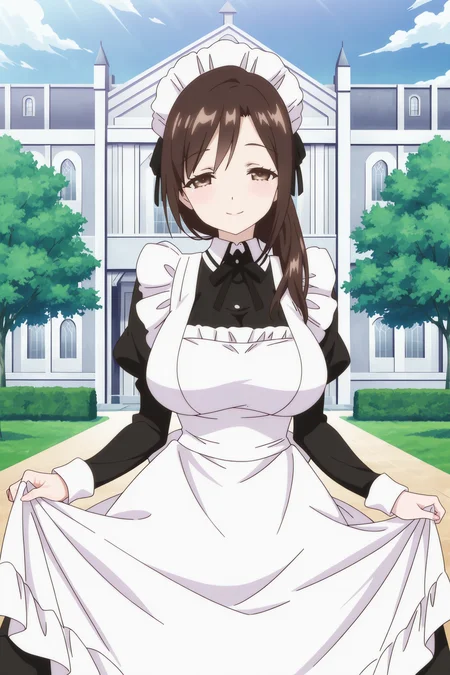 anime screencap, anime coloring, detailed face, masterpiece, best quality, very aesthetic, absurdres, volumetric lighting, official style, amazing quality, ultra detailed, highres, amazing quality, scenery, beautiful detailed hair, beautiful detailed eyes,<lora:StS-Illustrious-Detail-Slider-v1.0:4>
<lora:Reiana_and_Diana_Tsunpuri:.8>
outdoors, blue sky, green tree, mansion in background,
Diana (character), 1girl, solo, open eyes, maid headdress, maid, apron, brown hair, large breasts, brown eyes, long sleeves, dress, juliet sleeves, long hair, facing viewer, elegant smile, cowboy shot, (girl doing a curtsy with dress, holding dress)