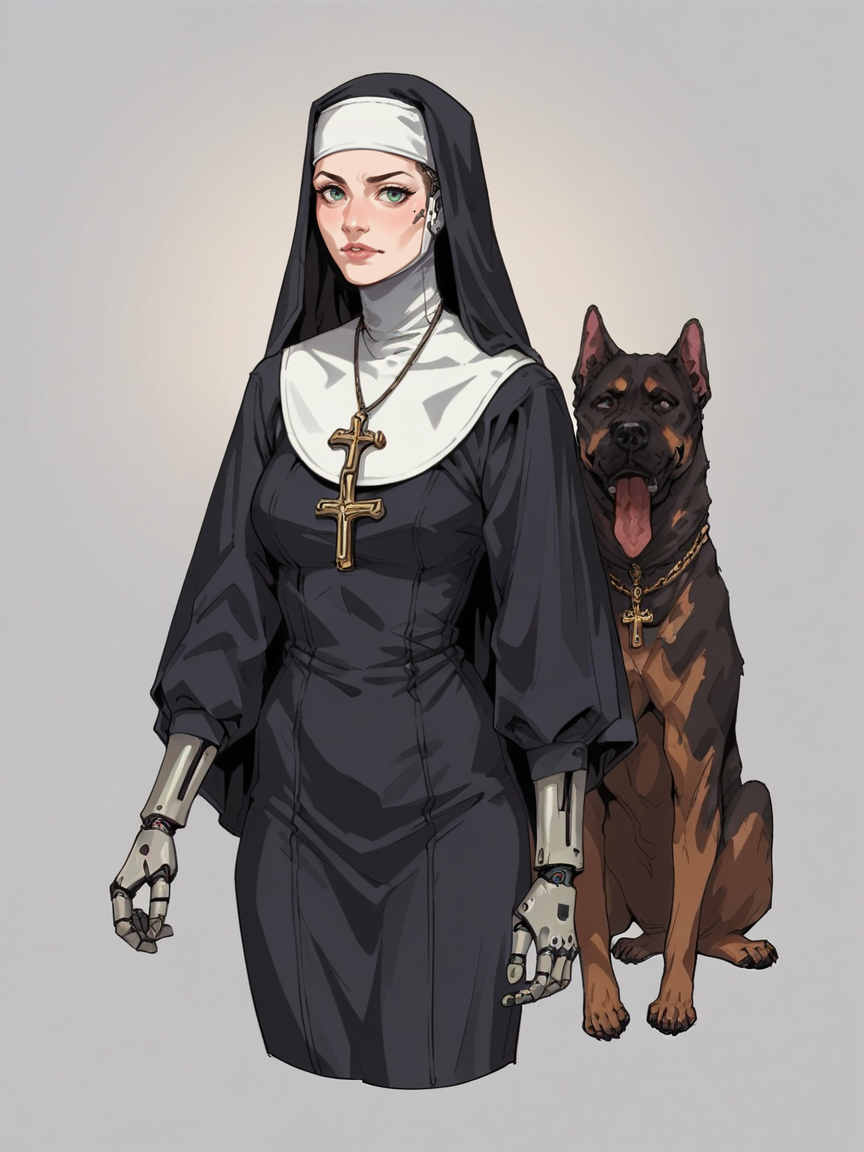 score_9, score_8_up, score_7_up, score_6_up, score_5_up, score_4_up,  <lora:y1nt10nXLP:0.6> y1nt10n, nun, 1girl, cyborg, dog