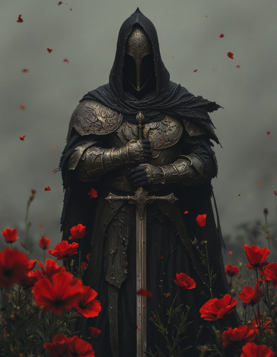 dark fantasy scene featuring a mysterious figure clad in a dark, tattered cloak with a hood obscuring their face. The figure stands solemnly in a field of vibrant red poppies under a hazy, overcast sky. The armor is medieval and ornate, featuring intricate designs and patterns, with subtle hints of rust from age or battle. The figureâs posture is upright yet relaxed, with one hand resting on the pommel of an imposing sword that is thrust into the ground before them. Flecks of red, possibly petals or blood droplets, are suspended in the air around the figure, adding to the somber yet striking atmosphere, <lora:flux.1_lora_flyway_Epic-detail_v2:1>, <lora:Elden_Ring_-_Yoshitaka_Amano:0.4>, <lora:- Flux1 - soothing_atmo_V2.0:0.4>, <lora:aidmaMJ6.1_v0.3:0.5>