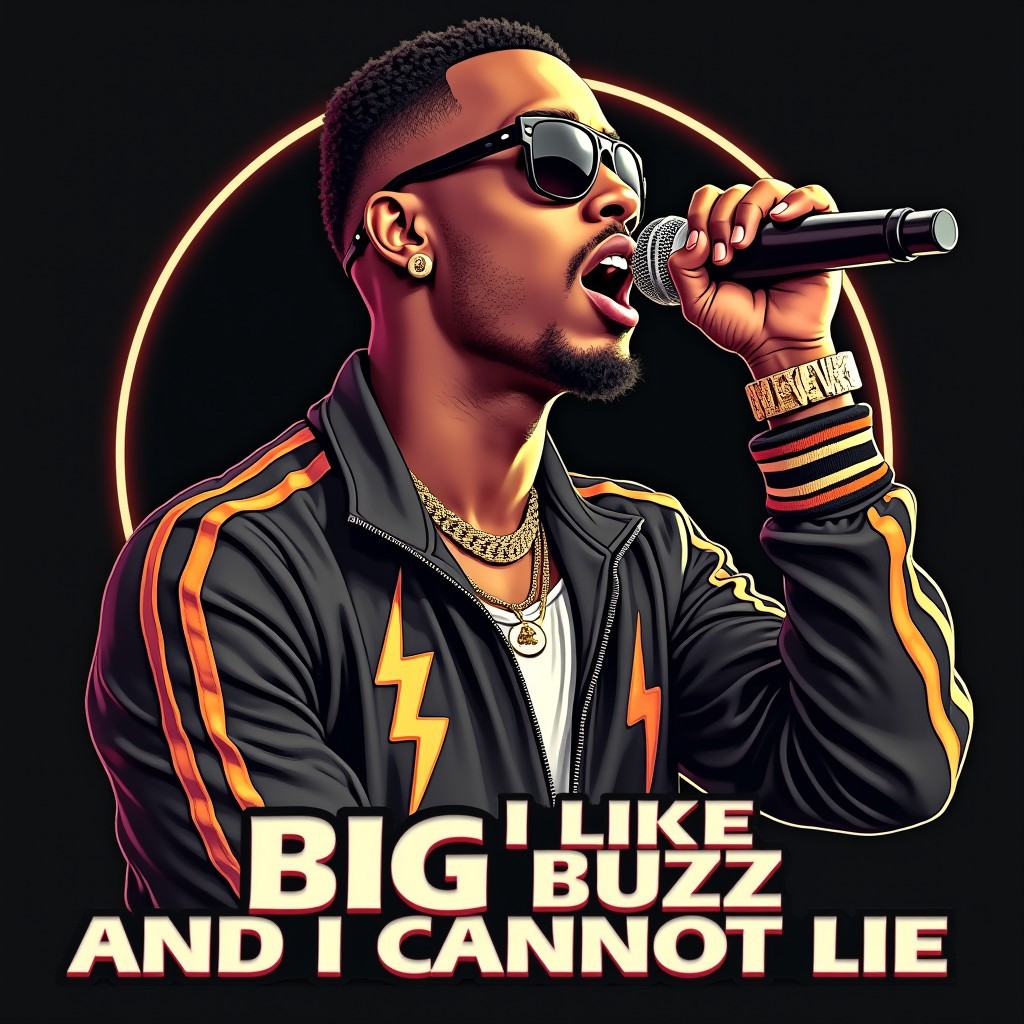 Movie poster featuring rapper singing into a microphone. Wearing gold jewelry and lightning bolt engraved track suit. Lightning bolt logos. Text on bottom of poster says says "I like big buzz and I cannot lie"