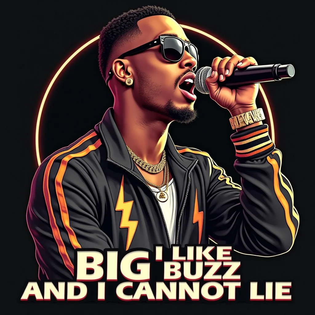 Movie poster featuring rapper singing into a microphone. Wearing gold jewelry and lightning bolt engraved track suit. Lightning bolt logos. Text on bottom of poster says says "I like big buzz and I cannot lie"