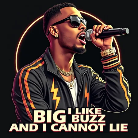 Movie poster featuring rapper singing into a microphone. Wearing gold jewelry and lightning bolt engraved track suit. Lightning bolt logos. Text on bottom of poster says says "I like big buzz and I cannot lie"