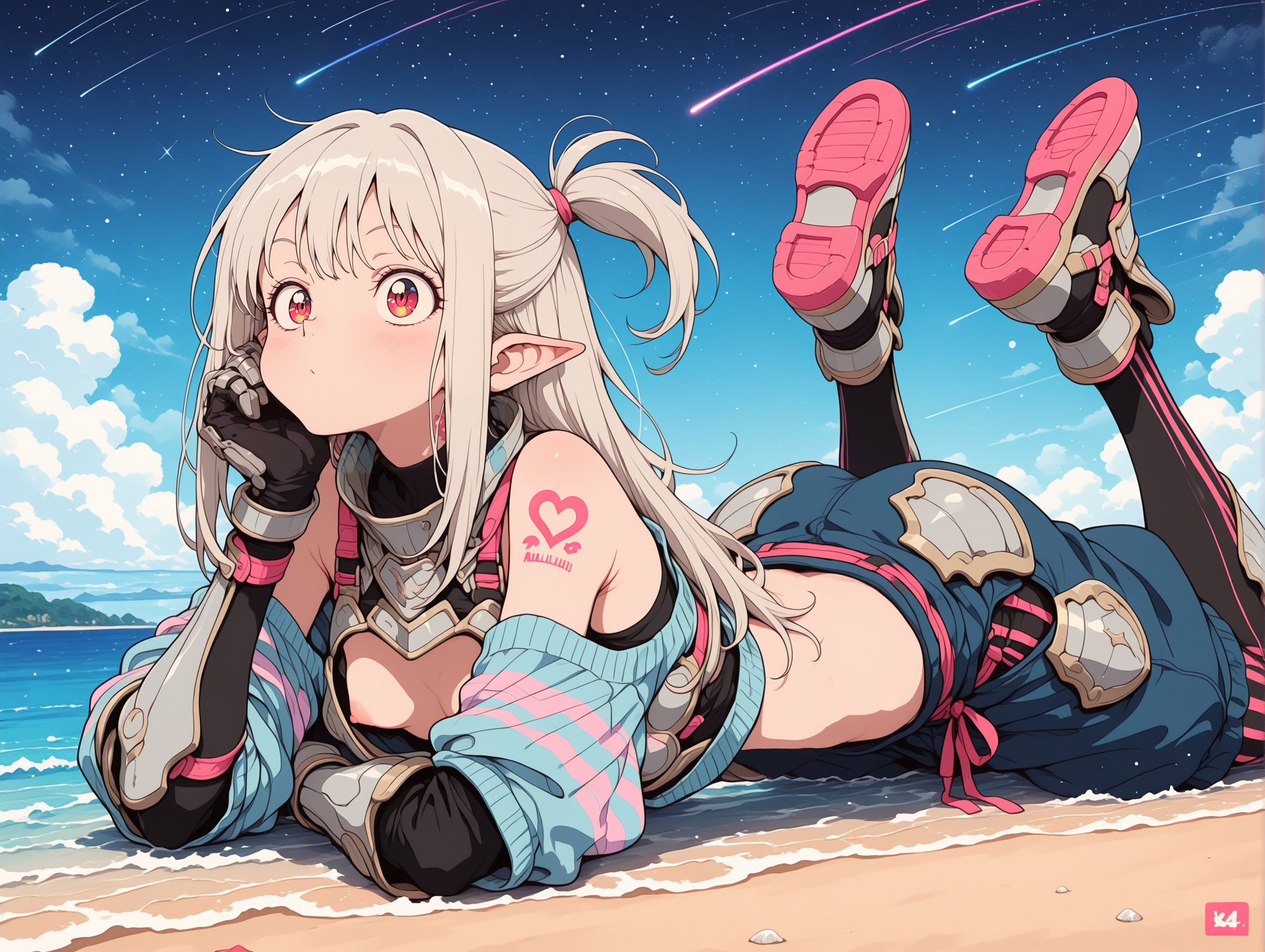 masterpiece,best quality,amazing quality, solo, character focus, outlines, flat color, Vintage, 1990s \(style\),
light particles,

1girl, vibrant Red eyes, sandals, colorful striped tights, pointy ears, scaly skin, woven band, tattoo, joyful, solo,

lying on stomach, feet in air,


vibrant Blue clothes, sheer gathered trousers, iridescent sweater, armor, armored breastplate, armored pants, armored boots, armored gloves,

nipples,

exterior, island beach, swirling mist, shooting stars sky,

<lora:add-detail-xl:2> <lora:Detailer_NoobAI_Incrs_v1:1> <lora:feet_anime_il_v3:1> <lora:hand 5.5:1> <lora:anime_screencap-Illustrious:0.4> <lora:S4bit4mago:1> S4bit4mago_illu, <lora:OldAnimeStyle_XL_v3:0.2> <lora:re4lity:0.3> re4lity_sync_illu <lora:MJPA:0.2> MJPA <lora:NijijourneyNoob_byKonan:0.6> <lora:Clean_Chibi_Style:-0.8>