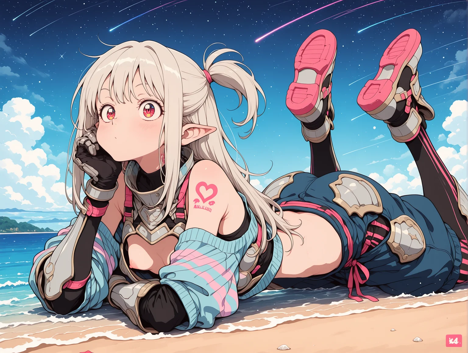 masterpiece,best quality,amazing quality, solo, character focus, outlines, flat color, Vintage, 1990s \(style\),
light particles,
1girl, vibrant Red eyes, sandals, colorful striped tights, pointy ears, scaly skin, woven band, tattoo, joyful, solo,
lying on stomach, feet in air,
vibrant Blue clothes, sheer gathered trousers, iridescent sweater, armor, armored breastplate, armored pants, armored boots, armored gloves,
nipples,
exterior, island beach, swirling mist, shooting stars sky,
<lora:add-detail-xl:2> <lora:Detailer_NoobAI_Incrs_v1:1> <lora:feet_anime_il_v3:1> <lora:hand 5.5:1> <lora:anime_screencap-Illustrious:0.4> <lora:S4bit4mago:1> S4bit4mago_illu, <lora:OldAnimeStyle_XL_v3:0.2> <lora:re4lity:0.3> re4lity_sync_illu <lora:MJPA:0.2> MJPA <lora:NijijourneyNoob_byKonan:0.6> <lora:Clean_Chibi_Style:-0.8>
