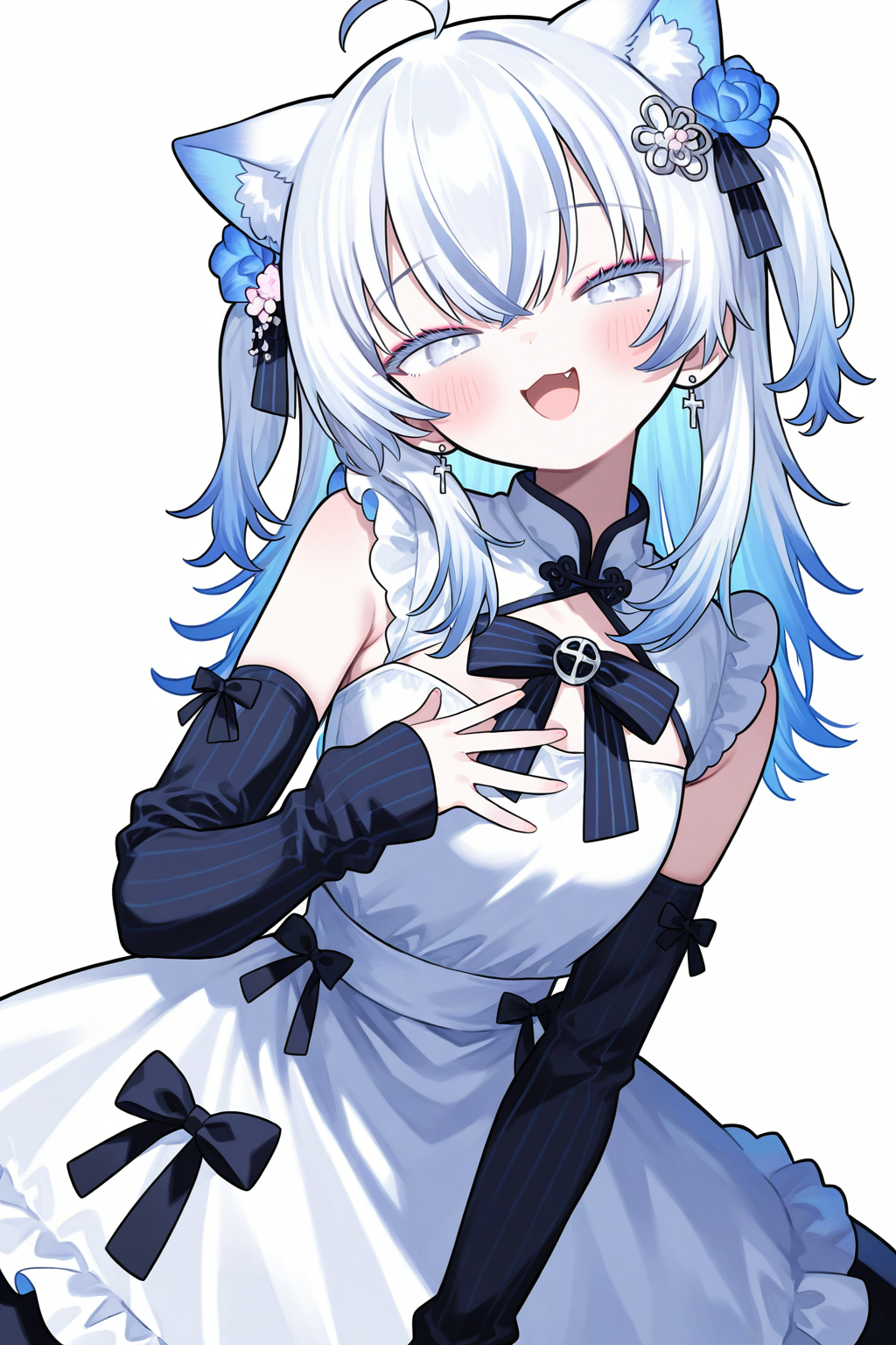 Azuma Seren,1girl,solo,detached sleeves,simple background,white background,(four fingers:0.8),looking at viewer,smile,open mouth,blush,hand on own chest,:d,sleeves past wrists,black bow,half-closed eyes,long sleeves,hand up,<lora:seren-000011>,cat ears,(maid:1.1),alternate costume,, masterpiece, best quality, very aesthetic, absurdres,newest, incredibly absurdres,