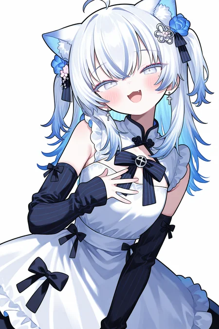 Azuma Seren,1girl,solo,detached sleeves,simple background,white background,(four fingers:0.8),looking at viewer,smile,open mouth,blush,hand on own chest,:d,sleeves past wrists,black bow,half-closed eyes,long sleeves,hand up,<lora:seren-000011>,cat ears,(maid:1.1),alternate costume,, masterpiece, best quality, very aesthetic, absurdres,newest, incredibly absurdres,