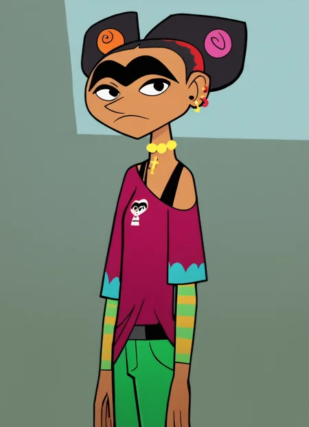 frida, 1girl, unibrow, red headband, jewelry, earrings, double_bun, black hair, hair bobbles, solo, print shirt, black eyes, cross necklace, piercing, green pants, off shoulder, score_9, score_8_up, score_7_up, score_6_up, score_5_up, score_4_up, looking at viewer, cowboy shot, <lora:FridaCHPony1.0:1>