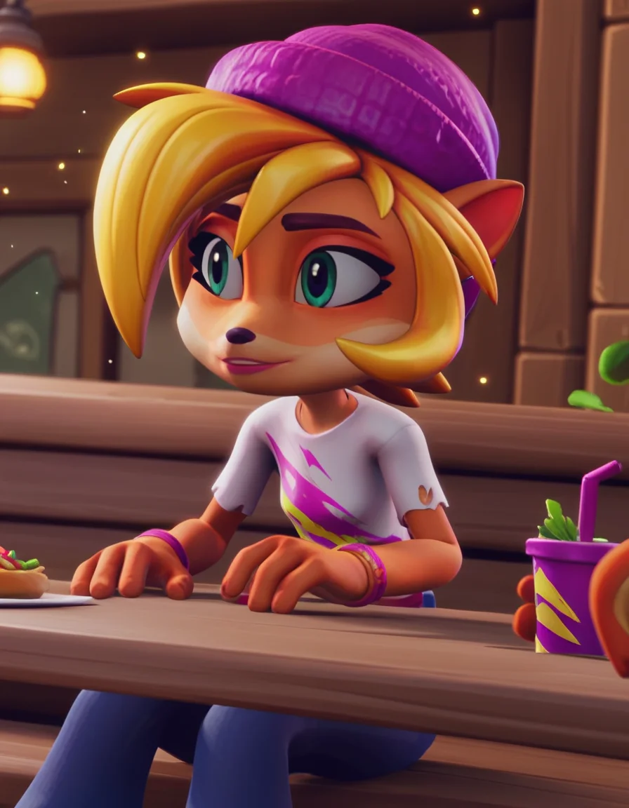 score_9, score_8_up, score_7_up, source_anime, <lora:coco-bandicoot-totally-tubular-ingame4-ponyxl-lora-nochekaiser:1>, coco bandicoot, short hair, blonde hair, green eyes, pointy ears, furry, 3d, shirt, hat, torn clothes, striped shirt, pants, restaurant, laughter, good food, warm lighting, celebration, , , sitting, elbow rest, table,, solo,, cowboy shot, dutch angle,