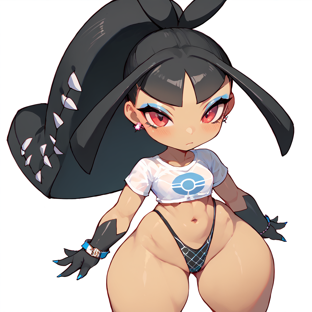 source_anime, 1girl, solo, pokemon, mawile, black hair, blunt bangs, ponytail, red eyes, shortstack, metallic eyeshadow, mascara, gal, Gyaru, <lora:Mawile_v2:1> <lora:Expressive_H:0.8> ExpressiveH <lora:enhancerV4-pony:0.8> <lora:Highleg_Panties_-_PonyXL:1> highleg panties,, score_9,score_8_up,score_7_up,highres, masterpiece,
