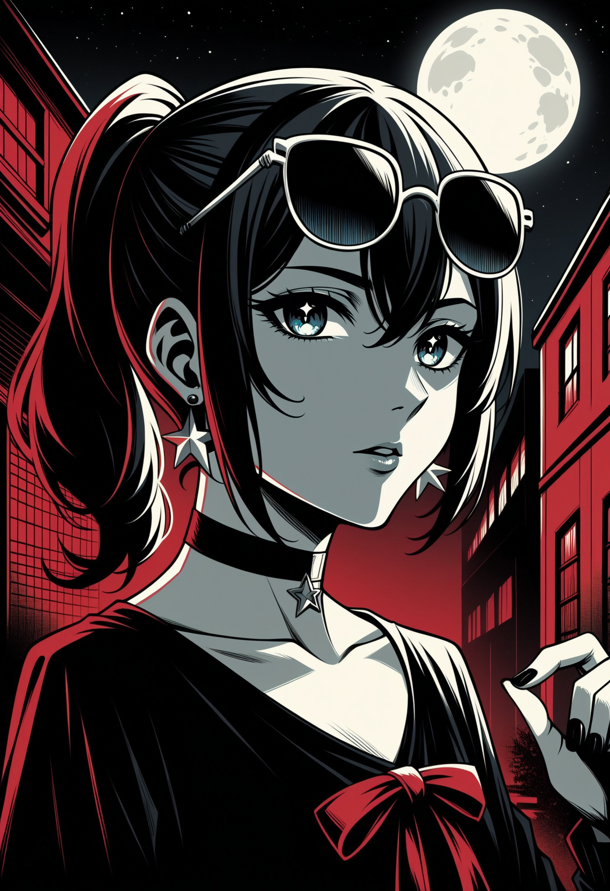 score_9, score_8_up,score_7_up, <lora:lnrnr_pdxl_EliPot_r1:1>, high contrast, shadow, red theme, limited palette, full moon, western comics \(style\),
,sunglasses,hand_up,black_choker,jewelry,close-up,chromatic_aberration,building,blue_ribbon,hololive,blue_eyes,floating_earring,long_sleeves,nail_polish,solo,garan_\(garan0502\),medium_hair,night,hair_between_eyes,side_ponytail,city,hoshimachi_suisei,shirt,black_shirt,outdoors,highres,earrings,choker,ring,ribbon,star_earrings,sky,star_\(symbol\),looking_at_viewer,virtual_youtuber,1girl