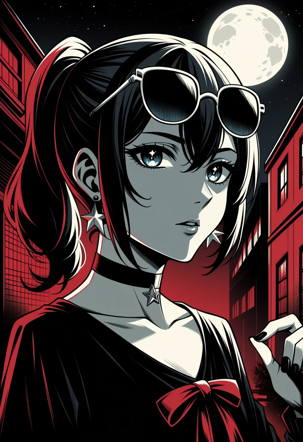 score_9, score_8_up,score_7_up, <lora:lnrnr_pdxl_EliPot_r1:1>, high contrast, shadow, red theme, limited palette, full moon, western comics \(style\),
,sunglasses,hand_up,black_choker,jewelry,close-up,chromatic_aberration,building,blue_ribbon,hololive,blue_eyes,floating_earring,long_sleeves,nail_polish,solo,garan_\(garan0502\),medium_hair,night,hair_between_eyes,side_ponytail,city,hoshimachi_suisei,shirt,black_shirt,outdoors,highres,earrings,choker,ring,ribbon,star_earrings,sky,star_\(symbol\),looking_at_viewer,virtual_youtuber,1girl
