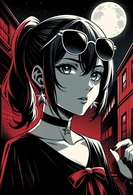 score_9, score_8_up,score_7_up, <lora:lnrnr_pdxl_EliPot_r1:1>, high contrast, shadow, red theme, limited palette, full moon, western comics \(style\),
,sunglasses,hand_up,black_choker,jewelry,close-up,chromatic_aberration,building,blue_ribbon,hololive,blue_eyes,floating_earring,long_sleeves,nail_polish,solo,garan_\(garan0502\),medium_hair,night,hair_between_eyes,side_ponytail,city,hoshimachi_suisei,shirt,black_shirt,outdoors,highres,earrings,choker,ring,ribbon,star_earrings,sky,star_\(symbol\),looking_at_viewer,virtual_youtuber,1girl