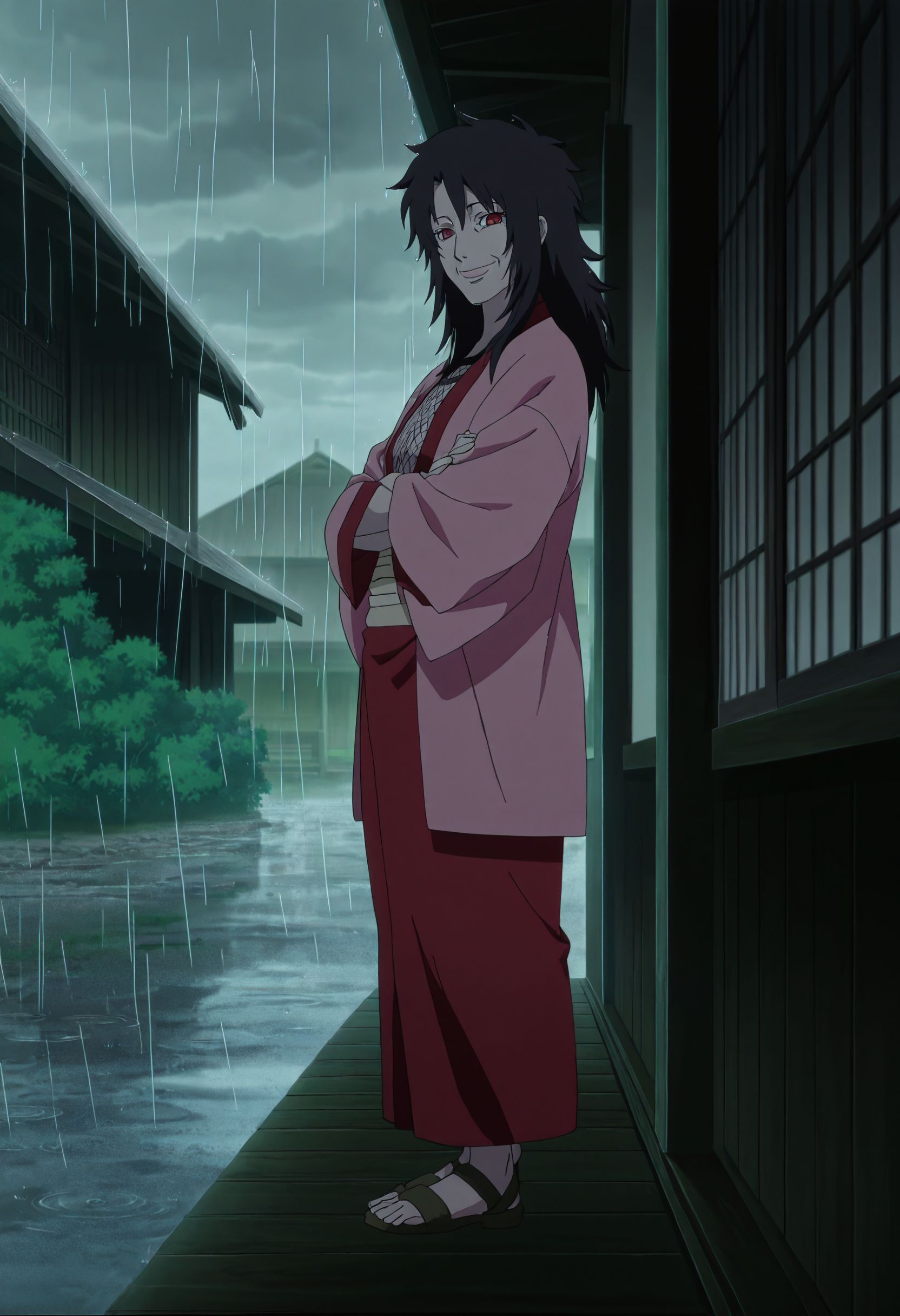 <lora:yuuhi_kurenai_v1b_pny:1> yuuhi_kurenai, solo, 1girl, black hair, long hair, red eyes, japanese clothes, red kimono, pink haori, beige obi, fishnet top, sandals, full body, old woman, smile, from side, porch, leaning against, crossed arms, overcast, rain, shade, source_anime, anime screencap