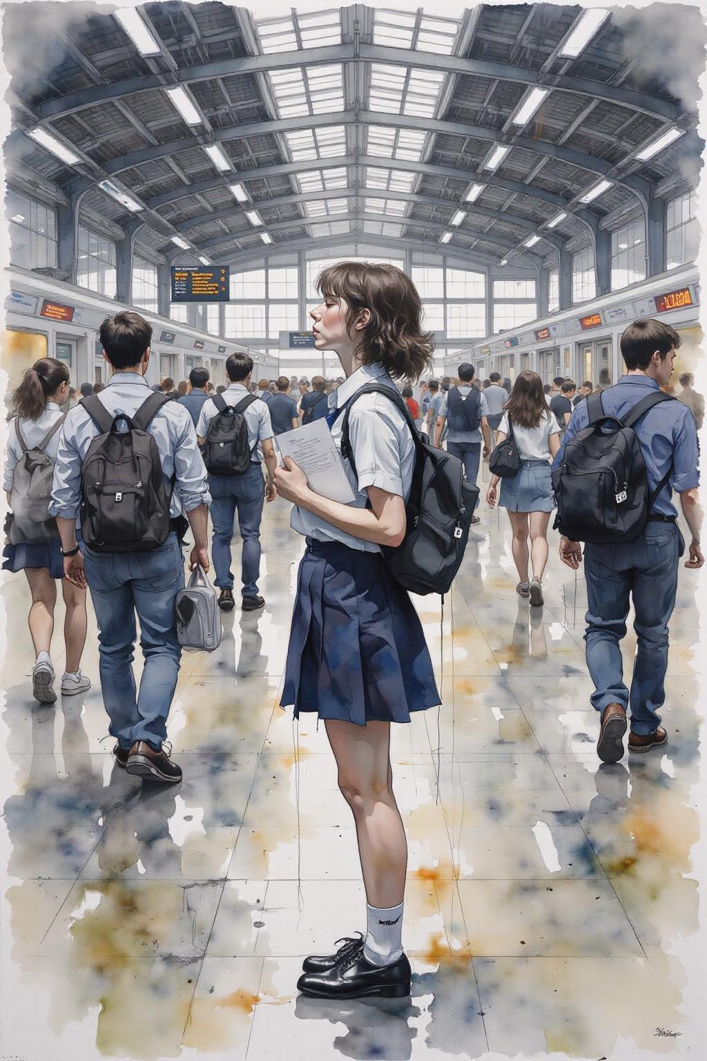 yawc1 watercolor.
 Profile of a high school student in uniform, white socks and black shoes, standing in the middle of a train station, holding two acceptance letters--one for a local college and the other for an overseas university. The station is bustling with people moving in every direction, while she stands still, eyes closed, taking a deep breath as she tries to decide which future to follow <lora:yawcolor_flor2_d4a2:1.0> <lora:Flux-Sch-SingleBlocks-BF16:1.0><lora:798809994024776464:0>