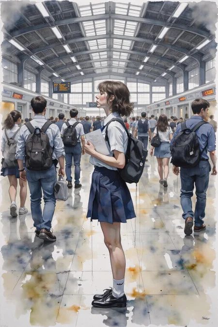 yawc1 watercolor.
Profile of a high school student in uniform, white socks and black shoes, standing in the middle of a train station, holding two acceptance letters--one for a local college and the other for an overseas university. The station is bustling with people moving in every direction, while she stands still, eyes closed, taking a deep breath as she tries to decide which future to follow <lora:yawcolor_flor2_d4a2:1.0> <lora:Flux-Sch-SingleBlocks-BF16:1.0><lora:798809994024776464:0>