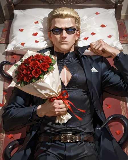 PonyScores7, source_anime, ah1
BREAK <lora:albertwesker-guy-PONYv1:0.8> albertwesker, albert wesker, 1boy, blonde, (sunglasses:1.3), looking at viewer, toned, athletic, fit, slicked back hair, mature male, short hair, (lying bed, <lora:RippingclothesV2:0.8> rippingownclothes, hands holding clothes, torn clothes, hands on clothes, ripped clothes, ripping clothes), (<lora:Indian_First_Night_Bed:0.8> bed, pillow, flower, heart, petals, rose, red flower, carpet, bouquet, red rose, rose petals, ornaments,), ((contempt expression)), (focused, intense glare), blue eyes, (angular face, sharp_featured face), handsome, charming, alluring,  <lora:MC_superhuman:0.2> ((black tentacles, black tendrils))
BREAK <lora:xl_more_art-full_v1:0.2>, <lora:shinyskin2:0.2> glistening skin, <lora:aesthetic_anime_v1s:0.2>, <lora:Expressive_H:0.2> Expressiveh, <lora:hairdetailpxl:0.2> hairdetailpxl, <lora:EpicF4nta5yXL:0.2>, <lora:detailxl:0.2> detailxl, <lora:Fant5yP0ny:0.2>, best quality, amazing quality, best aesthetic, absurdres, <lora:expressive eyes:0.2> expressive eyes, <lora:eyedetailpxl:0.2> eyedetailpxl, illustration, Volumetric_Lighting, ultra-detailed, very aesthetic, intricate details, 8k, masterpiece, best_quality
BREAK (from behind)
BREAK <lora:Eyes_High_Definition:0.3> EyesHD, Stable_Yogis_PDXL_Positives, AS-Adult, <lora:Complicated fantasy portrait - XL Pony V2.0:0.4>, bad-hands-5, AS-MidAged,