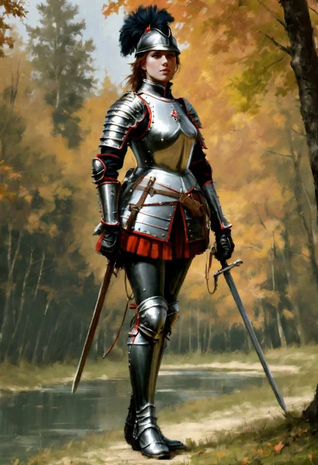 beautiful slim large-breast young female French cuirassier, plate armor, long boots, digital painting in jrst artstyle
