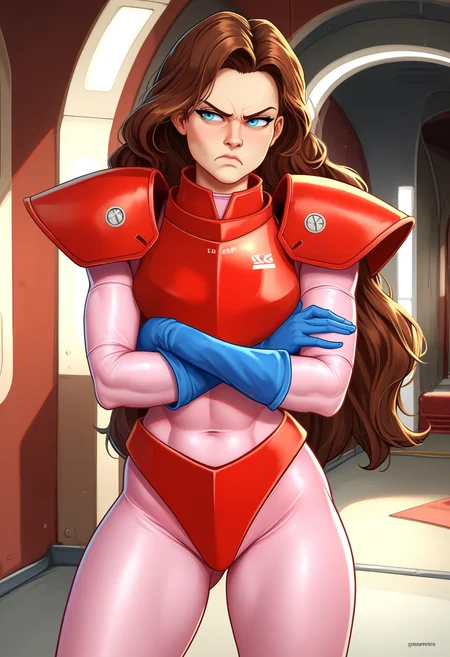 score_9,score_8_up,score_7_up,score_6_up,score_5_up,1girl,jodysf0, <lora:JodySummerF0Pony:0.8>,long hair,brown hair,blue eyes,red armor,pink bodysuit,blue gloves,crossed arms,cowboy shot,indoors,tunnel,scowling,facing viewer