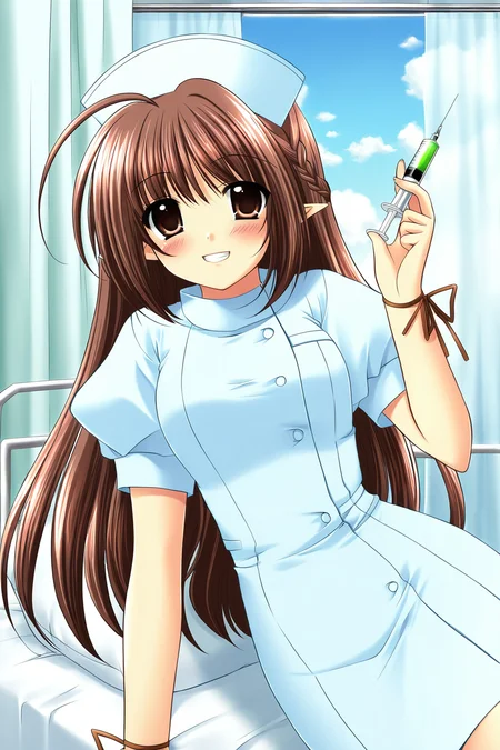 <lora:Lisianthus:0.8>, Lisianthus,long hair, pointy ears, brown hair, brown eyes, ahoge, wrist ribbon, 1girl, nurse, hat, solo, nurse cap, smile, jewelry, indoors, holding, looking at viewer, hospital bed, window, dress, bed, short sleeves, holding syringe, braid, syringe, curtains, grin, blush, cloud, hospital, blue dress, sky, pillow, buttons, arm support, puffy sleeves