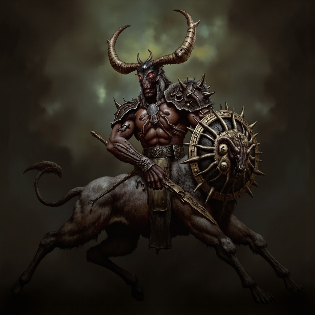 first person pov, 3D01S, simple background atmospheric and powerful dark fantasy, natural organic and first person pov of a berserk style 
 a fearsome centaur, Slaughtaur, a grotesque fusion of man and beast from the Hexen universe. The centaur has a hulking, muscular human torso that merges into a four-legged beastly lower body. Its upper body is covered in jagged, battle-worn armor, with broad spiked pauldrons curving outward like horns. Its helmet, sharp and angular, hides its face, but glowing red eyes peer through a skull-like visor. One arm wields a massive spiked shield with a grimacing demonic face, while the other clutches a brutal, notched sword, its edge dripping blood.
The Slaughtaur’s  centaur lower body is muscular and armored, with dark fur patches and metal plating that follow its powerful frame. Its legs end in clawed hooves, cracking the ground with every step. Jagged ridges run along its back, highlighting its predatory form. Scars cut across its torso, visible through the cracks in its armor. The circular, serrated shield looks like it could also serve as a deadly weapon, further emphasizing the Slaughtaur's terrifying presence.
UHD letterboxed game trailer frame chromatic aberration dark atmosphere sharp masterpiece with a focus on the character, elden ring style, dark atmosphere, chromatic aberration