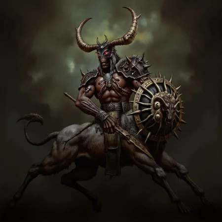 first person pov, 3D01S, simple background atmospheric and powerful dark fantasy, natural organic and first person pov of a berserk style 
 a fearsome centaur, Slaughtaur, a grotesque fusion of man and beast from the Hexen universe. The centaur has a hulking, muscular human torso that merges into a four-legged beastly lower body. Its upper body is covered in jagged, battle-worn armor, with broad spiked pauldrons curving outward like horns. Its helmet, sharp and angular, hides its face, but glowing red eyes peer through a skull-like visor. One arm wields a massive spiked shield with a grimacing demonic face, while the other clutches a brutal, notched sword, its edge dripping blood.
The Slaughtaur’s  centaur lower body is muscular and armored, with dark fur patches and metal plating that follow its powerful frame. Its legs end in clawed hooves, cracking the ground with every step. Jagged ridges run along its back, highlighting its predatory form. Scars cut across its torso, visible through the cracks in its armor. The circular, serrated shield looks like it could also serve as a deadly weapon, further emphasizing the Slaughtaur's terrifying presence.
UHD letterboxed game trailer frame chromatic aberration dark atmosphere sharp masterpiece with a focus on the character, elden ring style, dark atmosphere, chromatic aberration