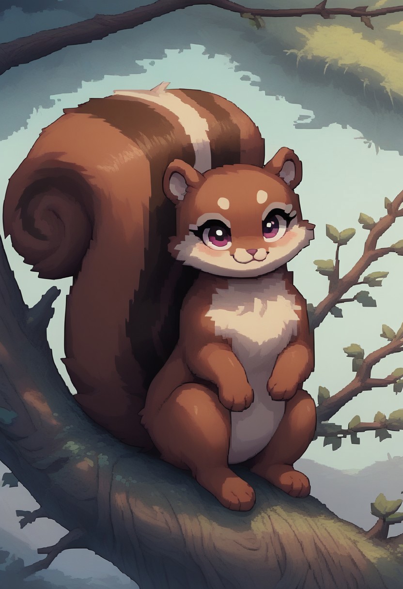 (easynegative:0.2 ) girl, squirrel, solo, furry, feral, big branch, on the tree, looking at viewer, lying, shuuko, light colors, bright colours, cute, pixelart, pixel,