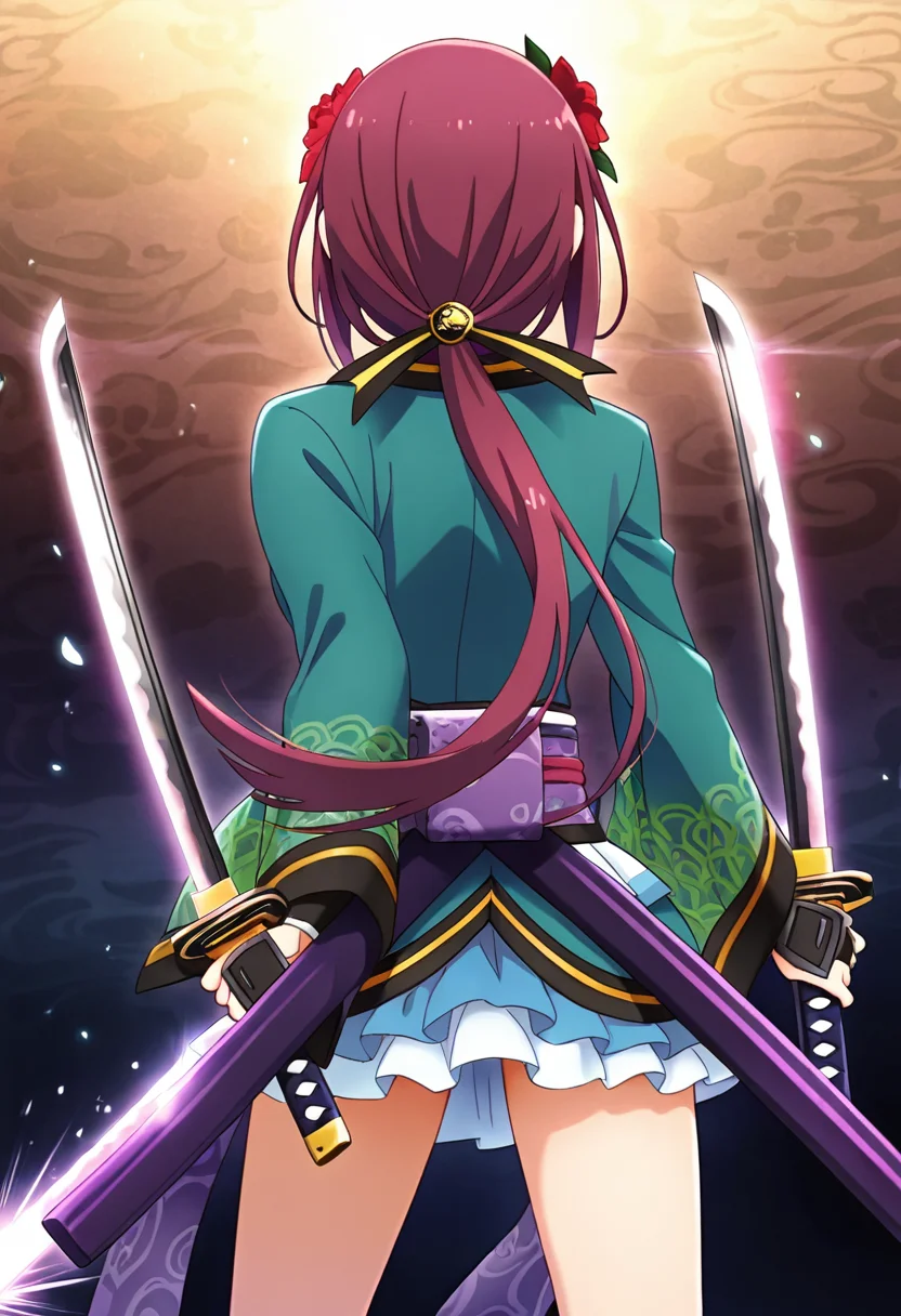 <lora:ruka_IXL-10:0.7> 1girl,tachiarairuka,red hair,hairclip,red hair flower,rukadefaultoutfit, cowboy shot,dual wielding katana
best quality,masterpiece